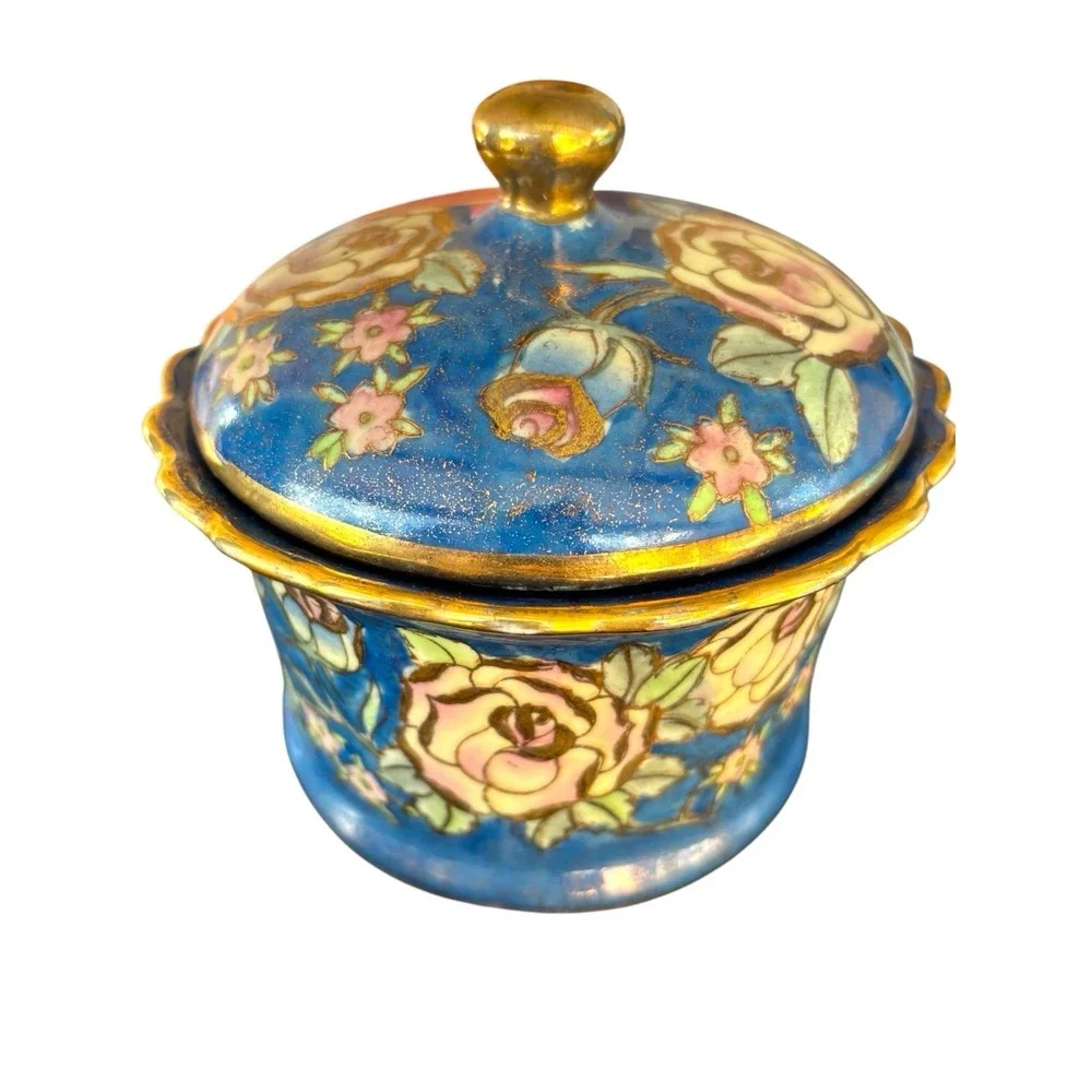 Cloisonné Lidded Ginger Jar Blue  Flowers Vintage‎